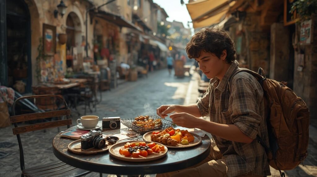 backpack sitting at an outdoor café table, enjoying local street food whileul, and inspiring,