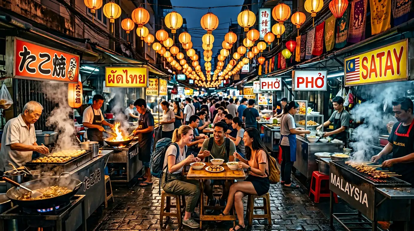 “Night market scene showcasing the best Asian food destinations in 2026”
